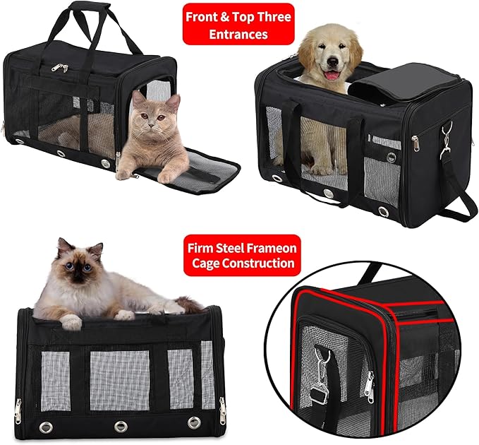 Soft Sided Cat/Dog Carrier，Collapsible Mesh Pets Travel Carriers for Pet/Puppy with Shoulder Strap & Removable Mat，Top Load Small Dogs/Cats Carry Bag Up to 25 Lbs（Black - L）