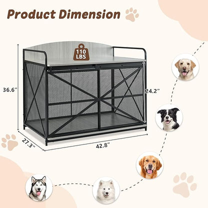 Merax 42.8" Heavy Duty Large Dog Crate Furniture for Large Medium Dog, Farmhouse Wooden Dog Kennel Indoor End Table, Decorative Pet House for Dogs, Gray