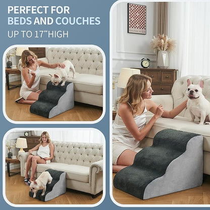 BOMOVA Dog Stairs to Bed, 3-Step Dog Steps for High Bed and Couch, Dog Stairs for Small Dogs, Non-Slip Bottom Pet Stairs, Pet Steps Indoor, Grey, 2/3/4/5 Steps
