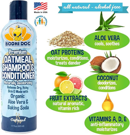 Bodhi Dog Oatmeal Shampoo & Conditioner - Hypoallergenic Formula - Naturally Deodorize Dogs, Cats & Pets - Made w/Organic Ingredients - Moisturizes Dry & Itchy Skin - Made in USA (Oatmeal, 17 Fl Oz)