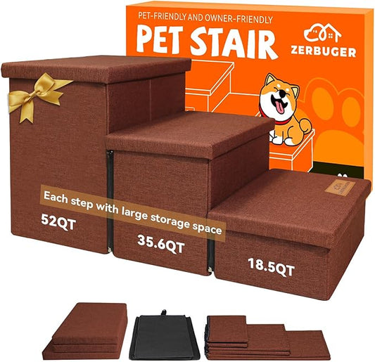 Dog Stairs with Storage 17.5" H, 3-Step Wider Dog Steps for Small/Medium/Large Dogs Cats, Folding Sturdy Pet Stairs Climbing Bed or Sofa, Dog Ramp for Car Hold Up to 200 lbs (Brown, No Condo)