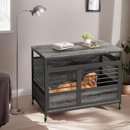 YITAHOME 39" Dog Crate Furniture with Wheels, Farmhouse Decorative Wood Dog Cage End Table Chew-Resistant Wooden Dog Kennel Indoor for Small Dogs, Grey