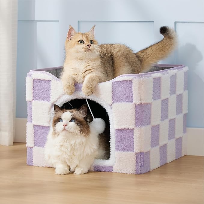 Lesure Indoor Cat Beds Kitten House - Large Cat Cave for Pet Cube with Fluffy Ball Hanging, Foldable Small Animal Hideaway, 16.5x16.5x13 inches, Lavender Checks