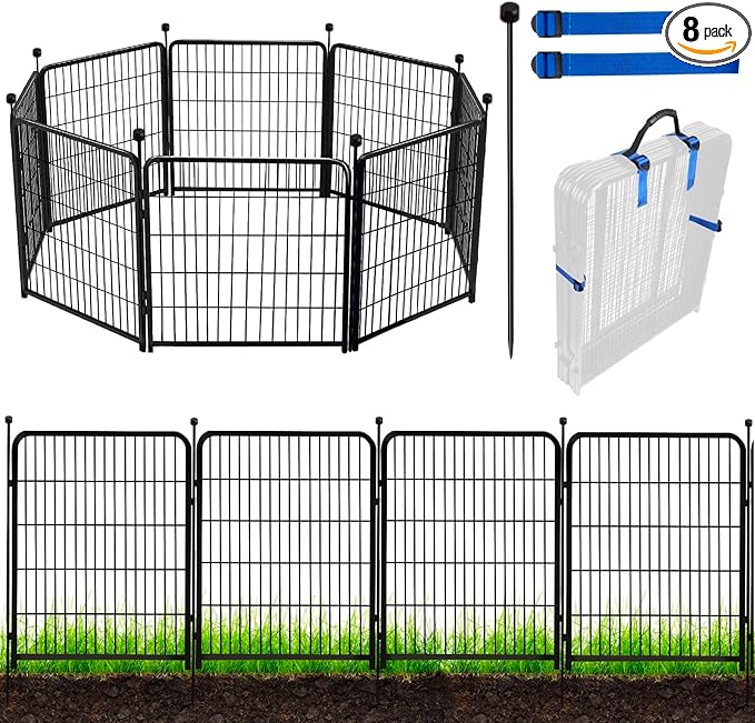 ADAVIN 48 in(H) Garden Fence Panels, 8 Panels Total 17.7 Ft(L), Heavy Duty Iron Metal Animal Barrier Fence, Fencing for Garden Beds, Camping Fence, No Dig Garden Border Fencing for Yardï¼_o Gateï¼