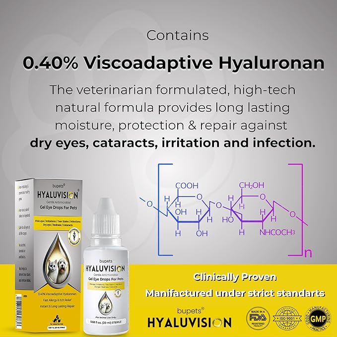Hyaluvision Pet Eye Drops  0.40% Hyaluronan for Dogs & Cats, Relieves Dry Eyes & Infection, Eye Lubricant & Hydration, Soothes Allergy & Pink Eye, Tear Stain Remover, 0.68 fl oz