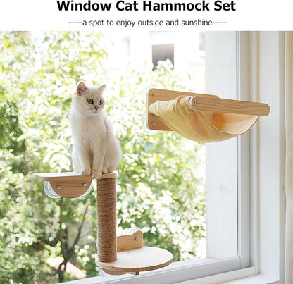 Cat Window Hammock Bed 4pcs/Set Cat Window Perch for Indoor Cats Seat with Two Shelves and One Scratching Post Sunction Cup Mounted