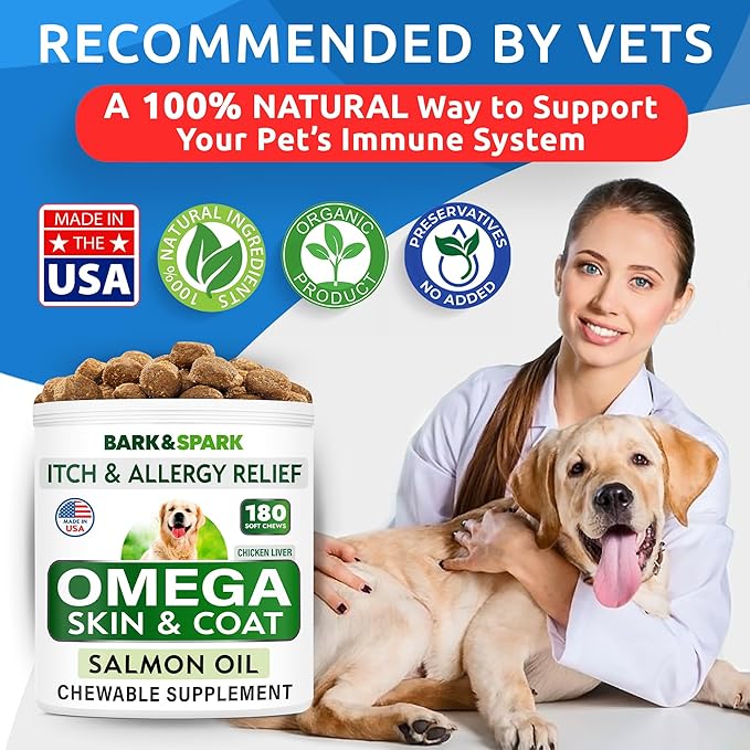 BARK&SPARK Omega 3 for Dogs - 180 Fish Oil Treats for Dog Shedding, Skin Allergy, Itch Relief, Hot Spots Treatment - Joint Health - Skin and Coat Supplement - EPA & DHA Fatty Acids - Canine Salmon Oil