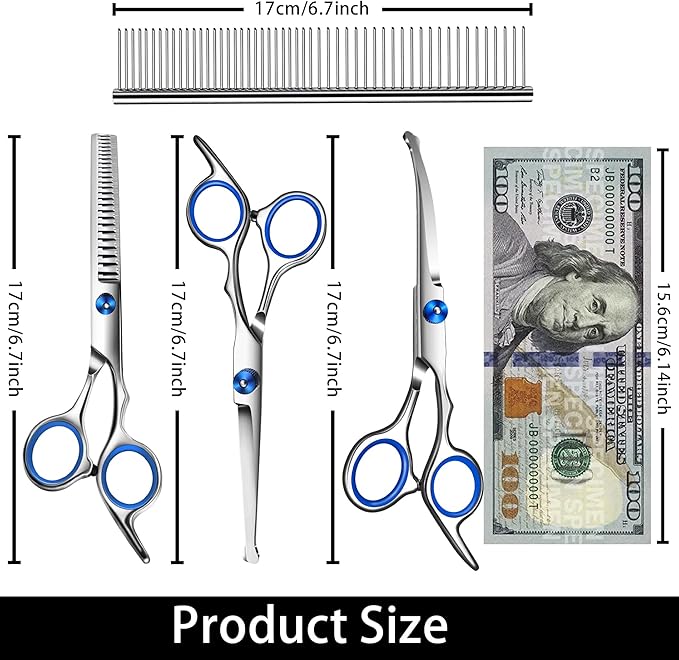 Dog Grooming scissors Kit,Includes Curved Thinning straight scissors,Comb,Grooming nail clipers,Nail Trimmer,Dog Grooming Scissors with Safety Round Tips,pet Grooming kit for Small Dogs&Puppies