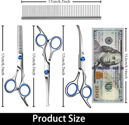 Dog Grooming scissors Kit,Includes Curved Thinning straight scissors,Comb,Grooming nail clipers,Nail Trimmer,Dog Grooming Scissors with Safety Round Tips,pet Grooming kit for Small Dogs&Puppies
