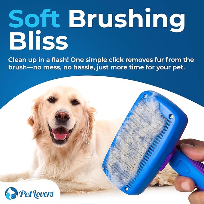 PetLovers EzSlicker Self-Cleaning Brush - Dog Brush for Shedding, Gentle Slicker Brush for Cats, Tangle-Free Grooming Comb with Soft Bristles & Ergonomic Handle for Stress-Free Grooming