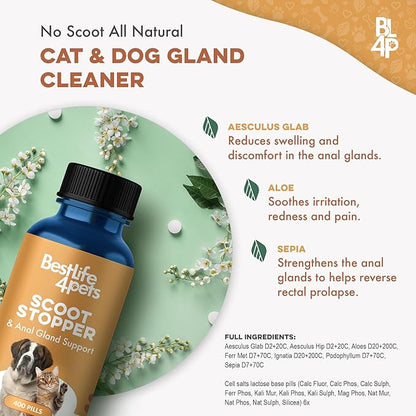 Scoot Stopper for Dogs & Cats – Natural Anal Gland & Digestive Support Supplement for Scooting, Stool Consistency, Constipation, Indoor Accidents & Difficult Pooping – 400 Odorless Pills