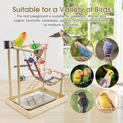PINVNBY Bird Playground Parrot Playstand Play Gym Cockatiel Wood Bird Toys Birds Cage Accessories Playpen Ladder with Feeder Cups Hanging Swing Toys for Parakeet Conure Lovebird Cockatiel