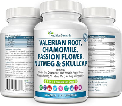 9-in-1 Valerian Root for Dogs 200mg Chamomile 160mg Blue Vervain 90mg Passion Flower 80mg Ginseng 60mg Nutmeg 55mg St John's Wort 50mg Skullcap L-Tryptophan for Dogs 120 Tablets