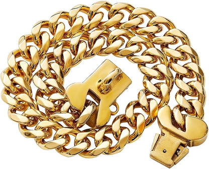 15mm Wide Strong Stainless Steel Bone Style Buckle Gold Dog Chain Collar,18K Gold Plated Cuban Link Chain Dog Necklace Collar for Small Dogs - 12''