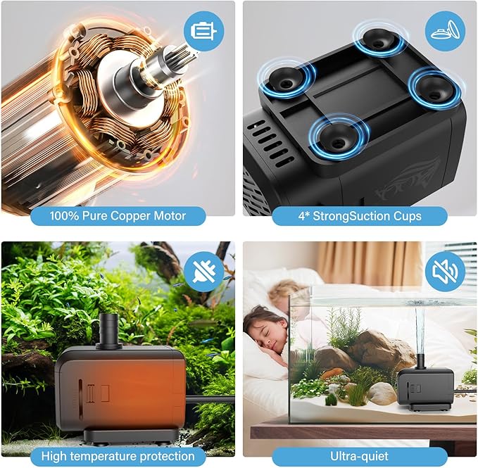 AQQA Submersible Aquarium Water Pump, Fountain Pump with Adjustable Flow,Dual-Suction Side/Bottom Intake,Ultra-Quiet Thermal Protection for Freshwater Saltwater Fish Tanks Pond Statuary Hydroponics15W
