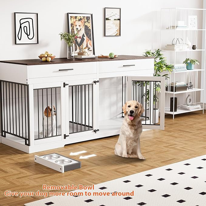 Rophefx 72" Dog Crate Furniture for 2 Dogs, Large Dog Kennel Furniture with 2 Storage Drawer and Removable Divider, Wooden Dog Cage with 4 Bowls, Indoor Dog House TV Stand for Medium Dog, White