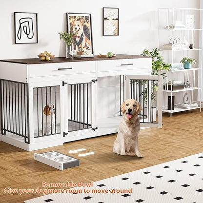 Rophefx 72" Dog Crate Furniture for 2 Dogs, Large Dog Kennel Furniture with 2 Storage Drawer and Removable Divider, Wooden Dog Cage with 4 Bowls, Indoor Dog House TV Stand for Medium Dog, White