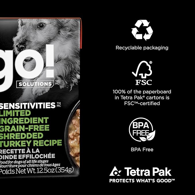 Go! Solutions Sensitivities Limited Ingredient, Grain-Free Wet Dog Food, Shredded Turkey Recipe for Sensitive Stomach, 12.5 oz