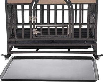 46in Dog Kennel Furniture, Heavy Duty Dog Crate with Removable Trays and Wheels, Metal Dog Crates for Large Dogs