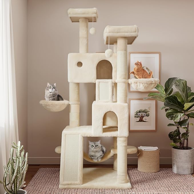 SHA CERLIN 65in Larger Cat Tree Tower Condo for Indoor Kitties/Multi-Level Furniture Activity Center with Wide Base/Cozy Plush Cat Perches/Baskets/Sisal Scratching Posts and Hammock/Beige