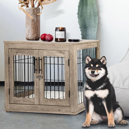 Dog Crate Furniture, 32 inch Medium Dog Crates with Bed Mat, Wooden Dog Kennel Furniture, End Side Table Dog Cage with 3 Doors, Greige