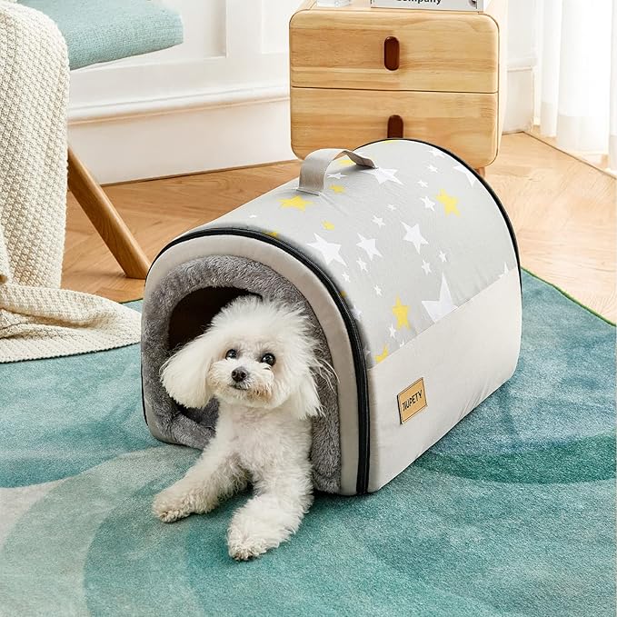 Jiupety Indoor Dog House, 2 in 1 Portable Foldable House Bed with Cover, Pet Tent & Cave Bed for Cats and Small Dogs, M(18"×14"×13"), Up to 11 Lb, Grey
