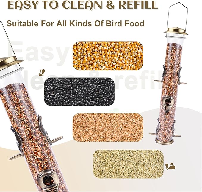 MIXXIDEA 2PK Metal Bird Feeders with 6 Feeding Ports,Tube Bird Feeder with Steel Hanger,Hard Plastic Wild Bird Feeder for Outdoors Hanging, Attracting Birds in Your Lawn, Garden, Balcony (Bronze)