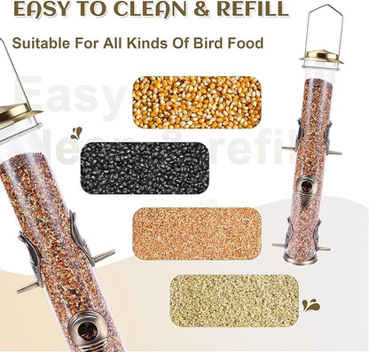 MIXXIDEA 2PK Metal Bird Feeders with 6 Feeding Ports,Tube Bird Feeder with Steel Hanger,Hard Plastic Wild Bird Feeder for Outdoors Hanging, Attracting Birds in Your Lawn, Garden, Balcony (Bronze)