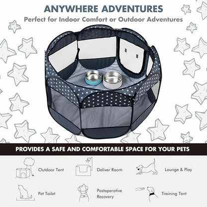 GrandTies Waterproof Dog & Cat Playpen  Foldable Pet Tent for Indoor & Outdoor, Pop-Up Kennel for Puppies, Kittens & Rabbits  Portable Travel Crate with Carrying Case (Starry Night, Large)