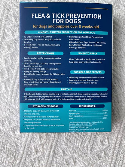 Flea and Tick Prevention for Small Dogs, 6-Month Supply Dog Flea and Tick Treatment Drops, Topical Fast-Acting Dog Flea Treatment for Small Dogs Up to 5 to 22 lbs