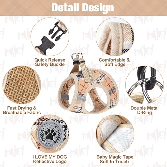 BEAUTYZOO Small Dog Harness and Leash Set,Step in No Chock No Pull Soft Mesh Dog Harnesses Reflective for Extra-Small/Small Medium Puppy Dogs and Cats, Plaid Dog Vest Harness for XS S Pets, Beige L