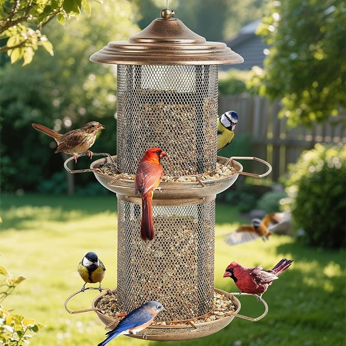Bird Feeder for Outdoors, Double Layered Circular Tower Birdfeeder, Metal Bird Feeders with Cover Fixing Buckle for Outside Hanging, 4Lbs Capacity