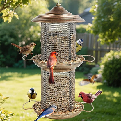 Bird Feeder for Outdoors, Double Layered Circular Tower Birdfeeder, Metal Bird Feeders with Cover Fixing Buckle for Outside Hanging, 4Lbs Capacity