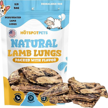 Hotspot Pets Premium Raw Dehydrated Single Ingredient Lamb Lung Dog Treats - 1lb Big Bag All-Natural, Made in USA - High Protein, Low Fat - A Rawhide Alternative for All Dogs