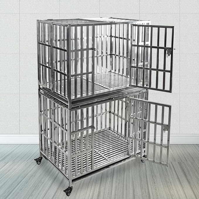 37" Heavy Duty Pet Kennel Stackable Stainless Steel Dog Crate Foldable Indestructible Dog Cage Playpen with Lockable Rolling Wheels, Double Door and Removable Tray for Small and Medium Dogs