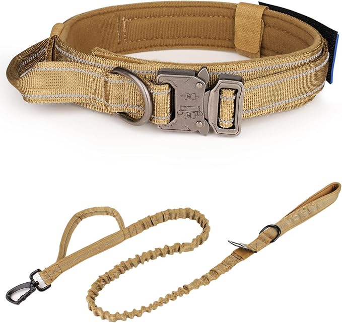 KCUCOP Tactical Dog Collar, Heavy Duty Dog Collar with Handle and Metal Buckle, Military Thick Dog Collars for Medium and Large Dogs(Brown-Reflective Set-XL, 1 Patch)