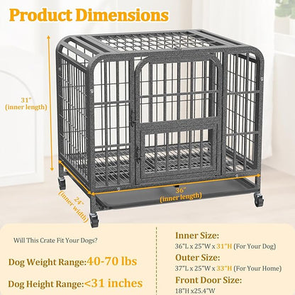 Dog Crates for Medium Dogs 37 inch, Heavy Duty 10-Gauge Steel Dog Kennel Indoor Escape Proof, Wire Cage for High Anxiety or Arthritic Dogs Comfortable with Lockable Wheels, Bottom Tray Easy to Clean