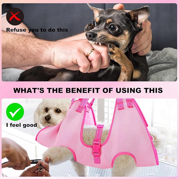 Dog Grooming Hammock, Breathable Cat Hanger Sling Harness Pet Grooming Hammock, Dog Sling for Nail Trimming, Cat Restraint Bag with Nail Clippers& Nail File (Pink, Small)