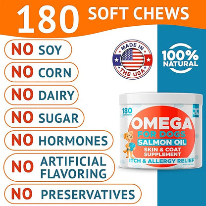 Omega 3 Fish Oil for Dogs Bundle - Skin&Coat Chews - Dry&Itchy Skin Relief + Allergy Support - EPA&DHA Fatty Acids - Natural Salmon Oil Chews Promotes Heart, Hip&Joint Support -360 Chews - Made in USA