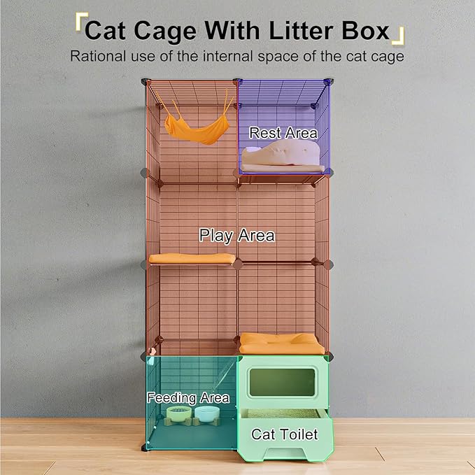 Oneluck Cat Cage Indoor with Litter Box 3-Tier DIY Cat Detachable Metal Wire Kennel Crate Large Exercise Place Ideal for 1-2 Kitties