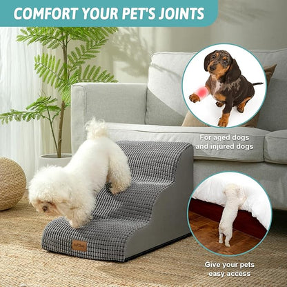 Dog Stairs for Small Dogs, Curved Pet Step with Leakproof Cover, High Density Foam Cat Ramp for Bed or Sofa, Lightweight, Durable, Comfort, 15.7x22.4x15.7 inch, 3 Tiers, Light Grey