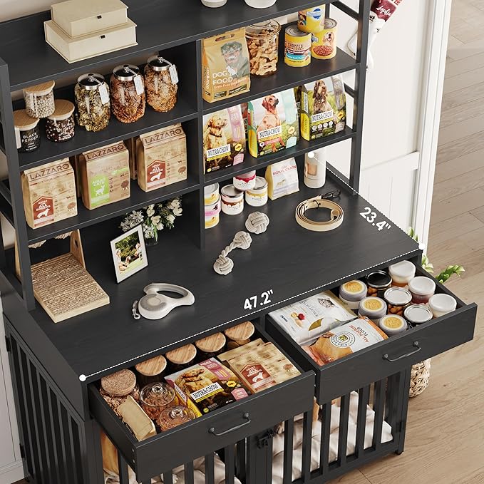 Keyluv 71''H x 47.2''W Large Dog Crate Furniture with 4-Tier Shelves and 2 Storage Drawers, Heavy Duty Dog Cage Furniture with 2 Doors, Wood & Metal Dog Kennel Indoor for Small/Medium/Large Dog, Black
