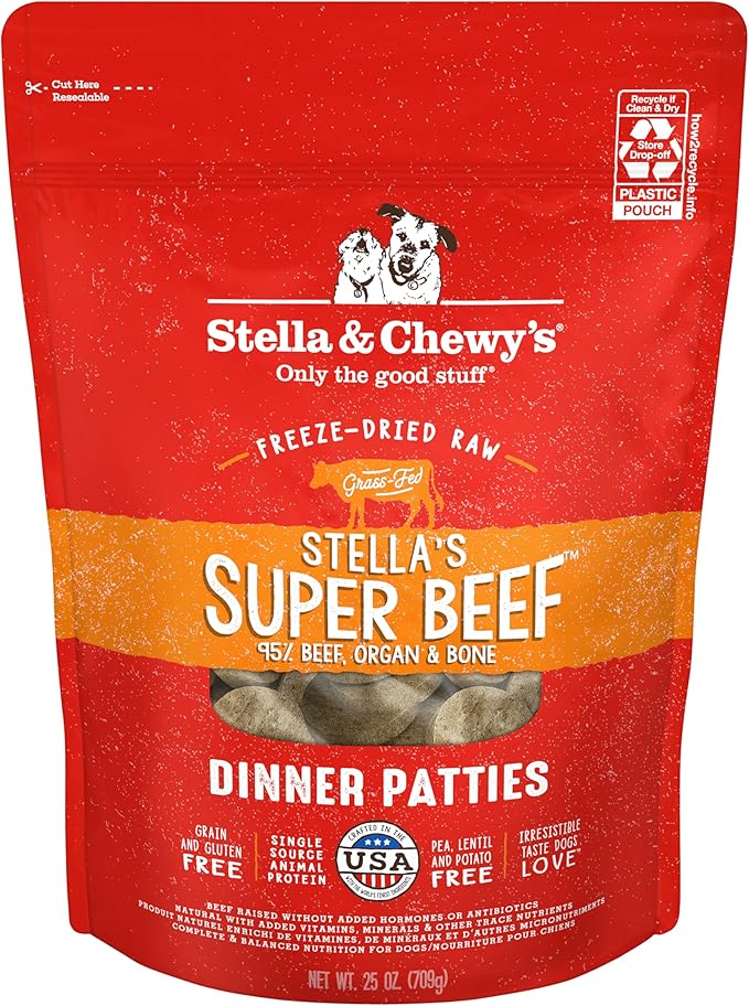 Stella & Chewy's Freeze Dried Raw Dinner Patties  Grain Free Dog Food, Protein Rich Stella_ Super Beef Recipe  25 oz Bag