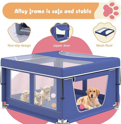 Dog Playpen 42 _ 42 Inch, Puppy PlayPen with Gate for Puppies, Cat, Small and Medium Dogs, Pet PlayPen with Roof for Outdoors & Indoors, Thickened Fabric, Safe & Sturdy Dog Fence