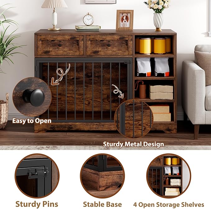 Dog Crate Furniture 47, Large Dog Crate TV Stand with 2 Drawers and 4 Shelves, Wooden Dog Kennel Indoor, Decorative Dog Cage with Storage for Large Dogs, Brown