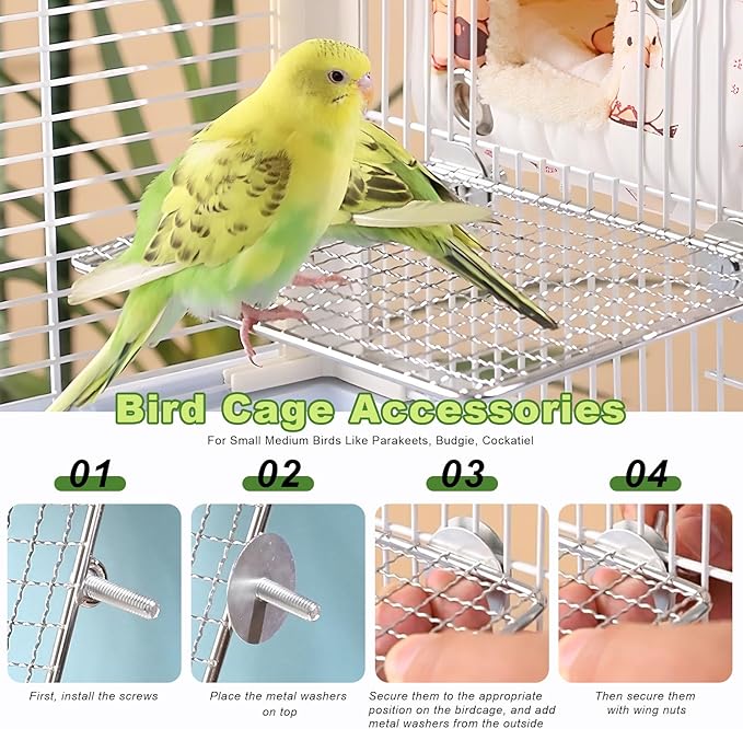 Stainless Steel Bird Perch Platform for Cage, Open-Grid Parrot Perch Stand, Easy Clean and Claw-Friendly Resting Shelf, Bird Cage Accessories for Small Medium Birds Like Parakeets, Budgie, Cockatiel