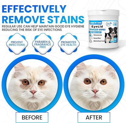 Zenpaws Cat & Dog Eye Wipes – Easy to Use 50 Finger Wipes – Gently Remove Tear Stains, Eye Discharge, Discharge, Mucus Secretions. Treats Inflammation & Itchiness