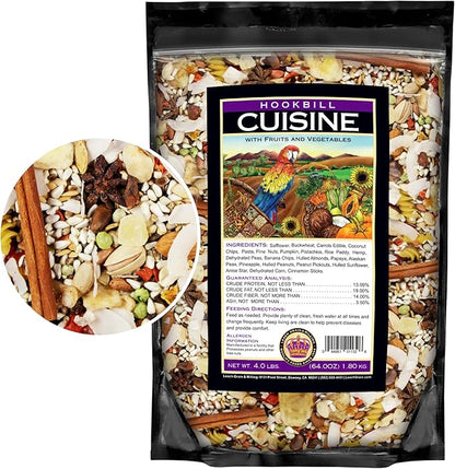 Large Hookbill Cuisine 4 Lbs, Premium Blend Bird Seed for Large Parrots, Cockatoos & Macaws, Parrot Bird Food with Mixed Fruits and Vegetables, Supports Brain, Growth, and Healthy Balanced Diet