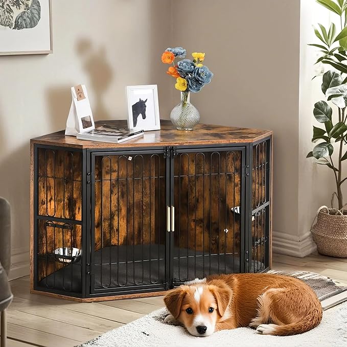 VECELO Corner Dog Crate Furniture, 43.3" Indoor Dog Kennel Indoor with Cushion & 2 Removable Trays, Wooden Dog Cage Decorative Pet House End Table for Large/Medium Dogs,Brown