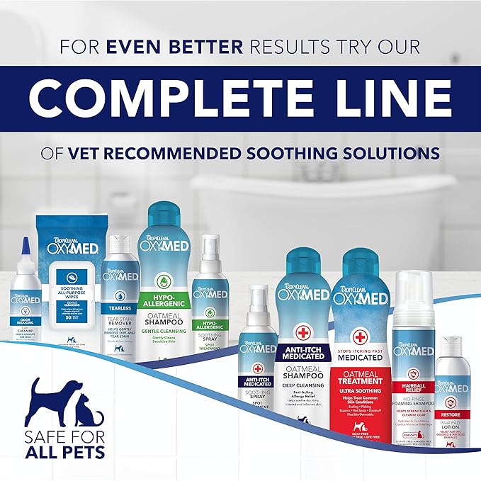 TropiClean OxyMed Hypoallergenic Dog Shampoo for Allergies and Itching, Skin Soothing Shampoo for Pets with Sensitive Skin, Tearless, Cat Safe, 20oz.